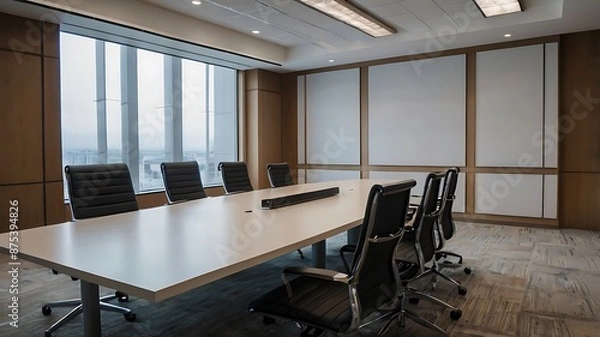 Obraz Business Conference Room. Empty modern meeting room with a projector screen is awaiting a team of business professionals in a high rise office building. Bright, clean, modern-style conference room.