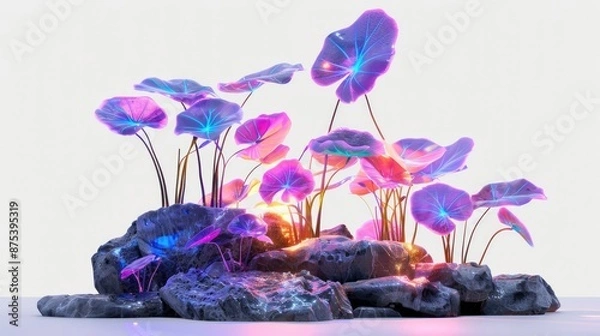 Fototapeta Vibrant, colorful futuristic glowing flowers in fantasy landscape with rock formations, emitting neon light, on white background.