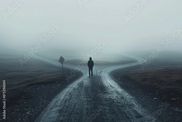 Fototapeta A solitary figure stands at a foggy crossroads, facing a choice between two paths. The misty landscape creates an eerie, contemplative atmosphere.
