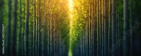 Fototapeta Sunlit path through a dense forest of tall trees.