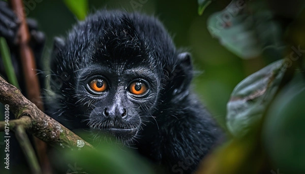 Fototapeta Spider Monkey in Tropical Rainforest, Interesting Plants in Background, Green Nature Wallpaper with Copy Space