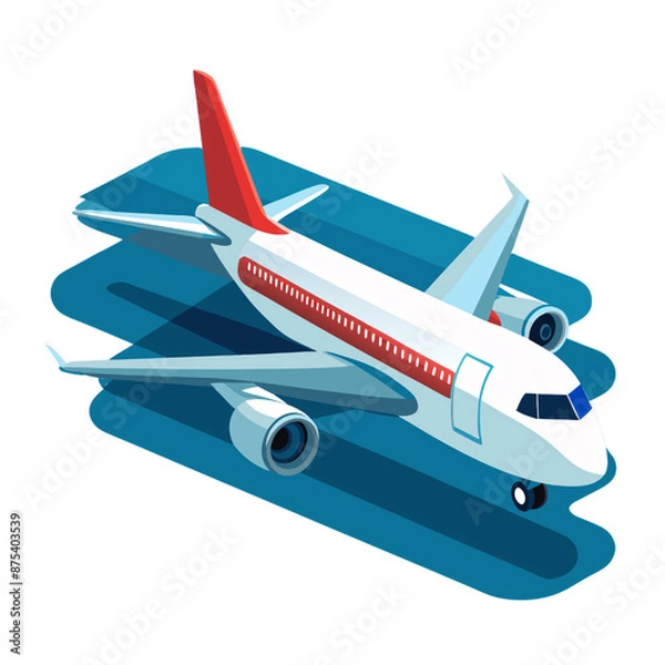Fototapeta An isometric illustration of an airplane on the ground, with a white body, red tail, and blue wings on a transparent background
