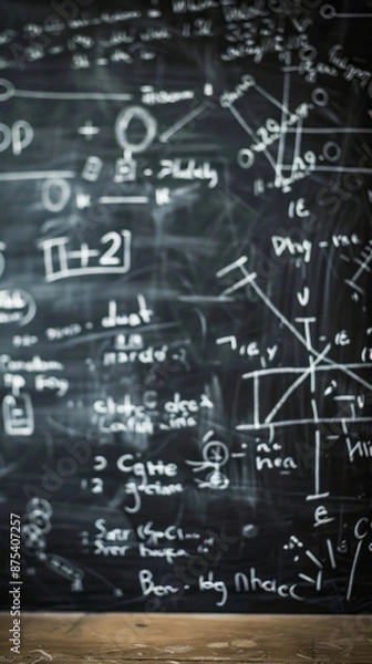 Fototapeta Mathematical equations and diagrams on a blackboard in a classroom