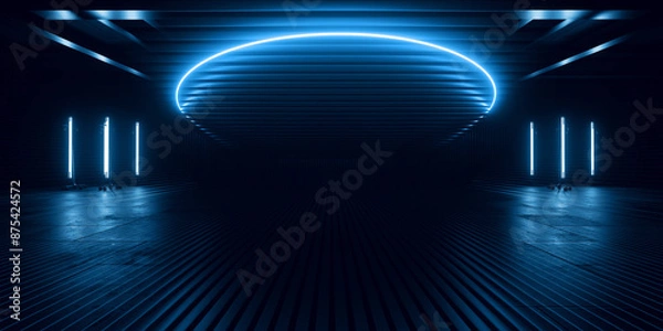 Obraz Futuristic Cyber Laser Electric Neon Lightning Vibrant Glowing Tunnel Corridor Metal Concrete Studio Backdrop Background Tunnel Corridor 3D Rendering