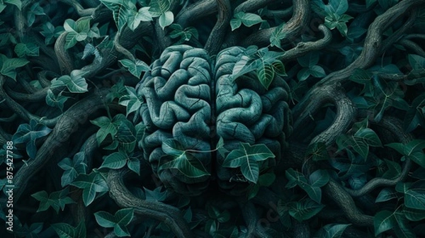 Fototapeta Surreal Image of a Brain Entwined with Vines and Leaves in a Lush Green Forest Setting