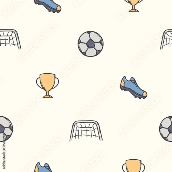 Fototapeta Simple seamless pattern with football attributes, sneakers, ball, goal and winner's cup. Repeating background for the design of a sports hall, stadium. Design for banner, signboard, poster
