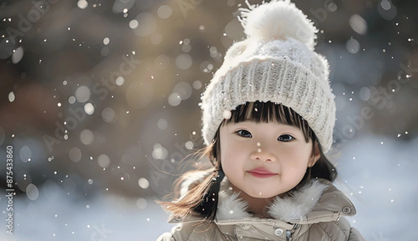 Obraz a cute girl playing in the snow wearing a white cap .Created using generative AI
