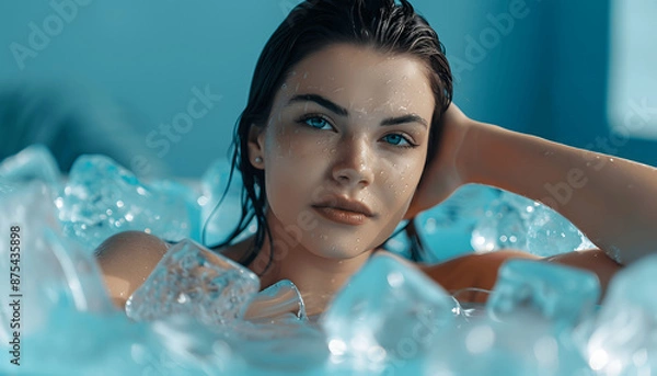 Obraz beautiful women in ice bathtub full of cubes profess .Created using generative AI