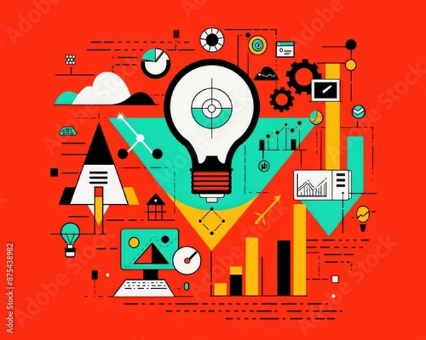 Fototapeta Creative infographic with colorful geometric shapes, graphs, and a lightbulb symbolizing innovation and analysis on a red background.