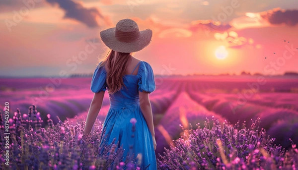 Obraz A girl in a blue dress and straw hat standing in the  garden .Created using generative AI
