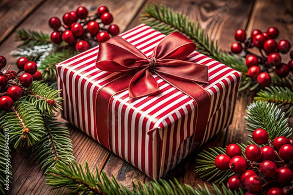 Fototapeta A wrapped gift box is situated on a wooden surface, featuring red and white striped wrapping paper and secured with a large red bow