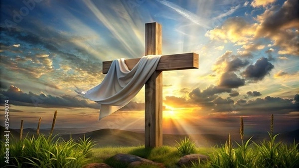 Obraz Christian illustration of wooden cross and shroud. Happy Easter image.