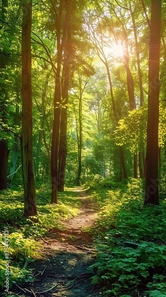 Fototapeta A serene forest path with sunlight filtering through the trees, perfect for a mindful walk.