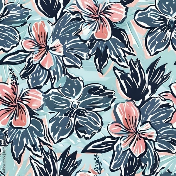 Obraz Retro Hawaiian Hibiscus and Leaves Seamless Pattern