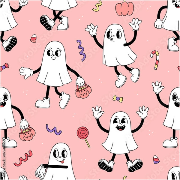 Fototapeta Seamless pattern with ghosts in a cartoon retro groove style on a pink background. halloween illustration background.