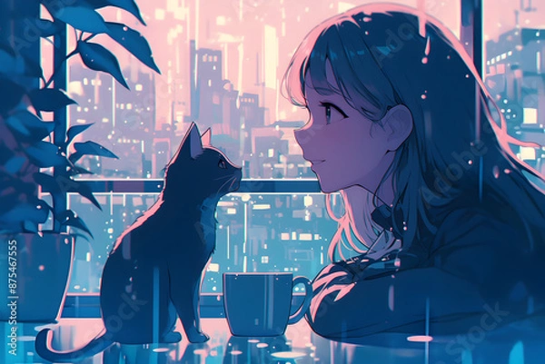Fototapeta Playful Girl with a cat on a rainy day with raindrops on the window in the background. Anime style, Cozy vibes