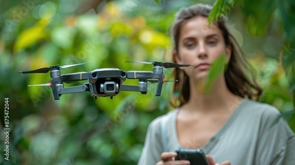Fototapeta A young woman, focused and engaged, operates a high-tech drone in a lush, green environment, showcasing both technology and nature in harmony.