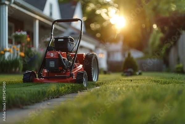Obraz A gasoline lawn mower stands on the lawn near the house at sunset, generated using AI