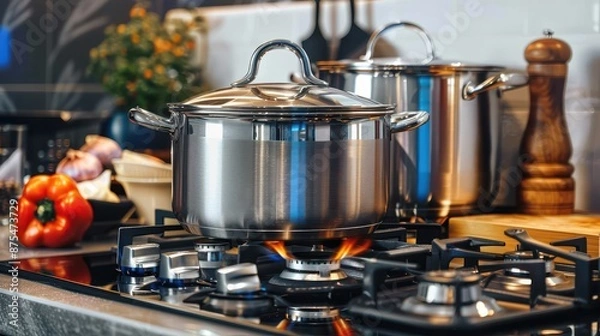 Fototapeta A stainless steel cooking pot is on a gas stove top, with the flame burning underneath. The kitchen setting is modern, with vegetables and another pot visible in the background.