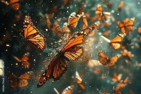 Fototapeta monarch butterflies in nature. The butterflies are in many different positions with some wings open and some partially closed, generated using AI