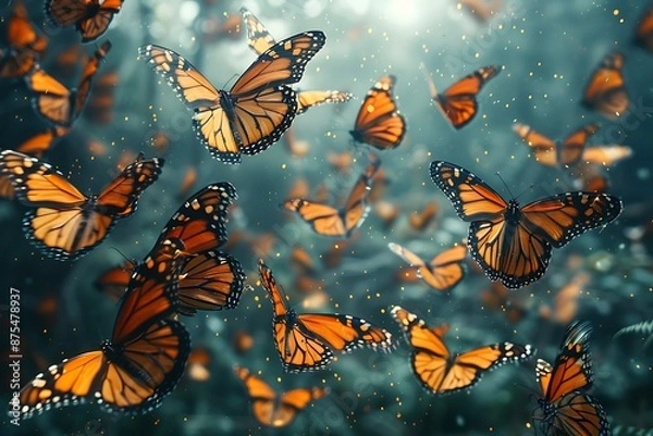 Fototapeta monarch butterflies in nature. The butterflies are in many different positions with some wings open and some partially closed, generated using AI