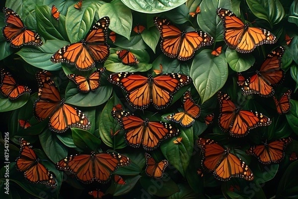 Fototapeta monarch butterflies in nature. The butterflies are in many different positions with some wings open and some partially closed, generated using AI
