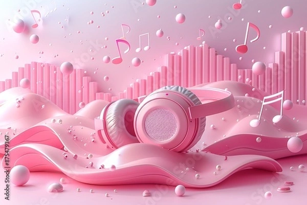 Obraz Music application with headphone and music player on pink background.
