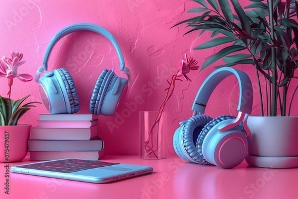 Obraz Music application with headphone and music player on pink background.