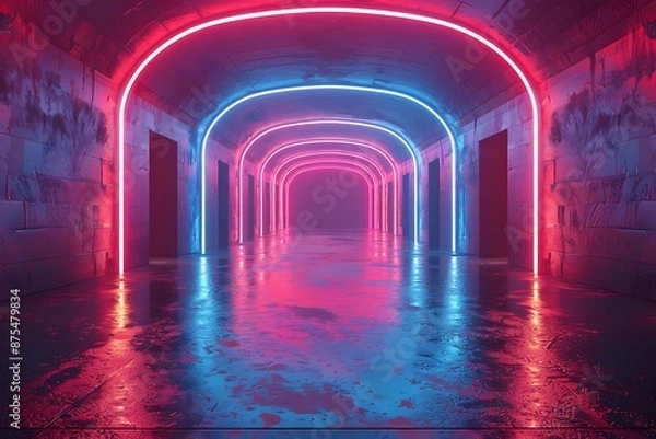 Fototapeta 3d render, abstract panoramic red blue pink neon background with arrows showing right direction, glowing in the dark