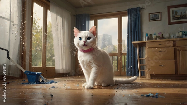 Fototapeta An anthropomorphic white cat dressed in a pink sweater and blue jeans is energetically mopping a wooden floor from soda. Suddenly, the cat loses its balance and slips
