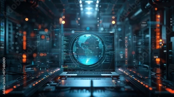 Fototapeta High-tech control room with advanced digital displays and global network monitoring
