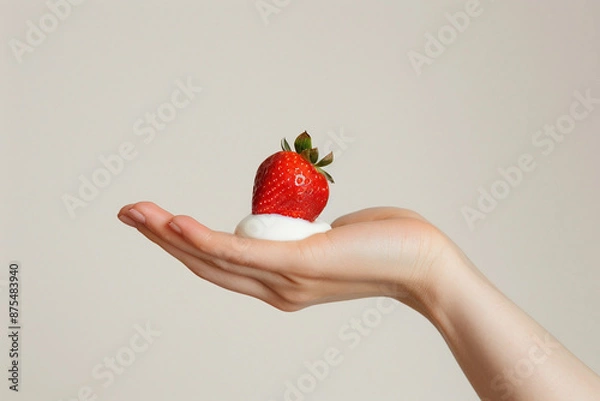 Fototapeta A hand holding a strawberry with cream on a plain white background, highlighting the simplicity and elegance of this dessert. Copy space available.