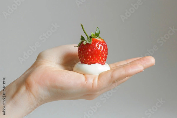 Fototapeta A hand presenting a strawberry with cream against a grey background, emphasizing the delicious and fresh quality of the dessert. Copy space available.