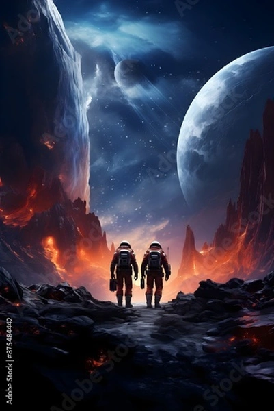 Fototapeta Two astronauts are standing in front of a vast planet in outer space