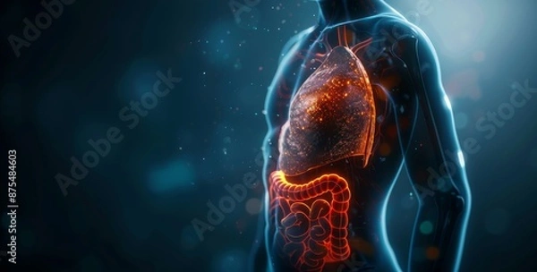 Fototapeta 3D rendering of a human liver with glowing effects showing internal organs and digestive system