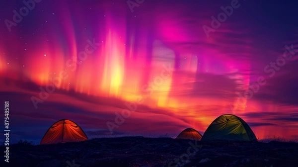 Fototapeta Silhouettes of tents on a hilltop, under a sky ablaze with the colors of the northern lights