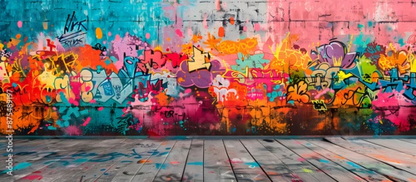 Fototapeta Image of a wall full of graffiti in a suburb or urban area. Generative Ai.