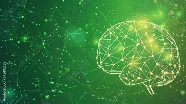 Fototapeta Conceptual illustration featuring the human brain made of triangles, lines, and dots on a green tech background, symbolizing AI, modern biotechnology, and HUD interface.