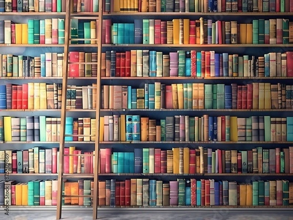 Fototapeta Modern minimalist library wall with colorful books, wooden ladder, and a detailed background.
