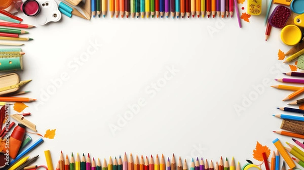 Fototapeta White background with border of colored pencils, crayons, and school supplies AI generated