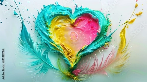 Fototapeta A heart-shaped symbol created from colored wax, melted into a vibrant feather pattern with shades of turquoise, pink, and yellow on a white background.