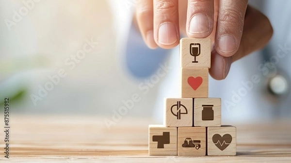Fototapeta Healthcare medical icon on hand-held wooden block representing insurance for your health