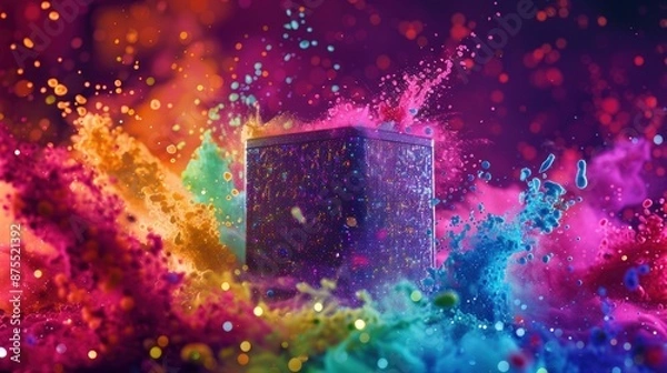 Fototapeta Two large speakers that are surrounded by a colorful explosion of confetti. Generate AI image