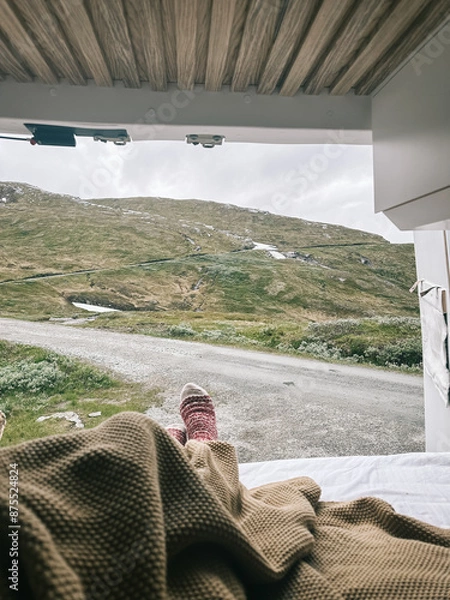 Fototapeta Vanlife view from the back of the van socks nomadic lifestyle