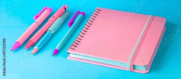 Fototapeta Photo of a pink notebook, pens, and office supplies on a blue backdrop, ideal for copy text web banner.
