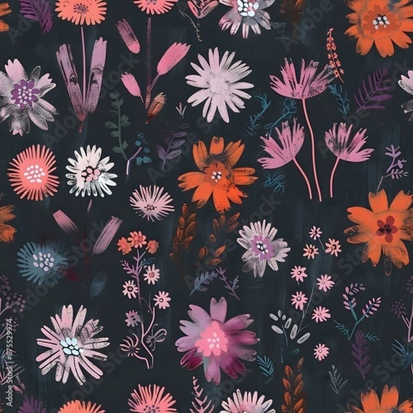 Fototapeta Folk Art Style Floral Seamless Pattern with Dark Background