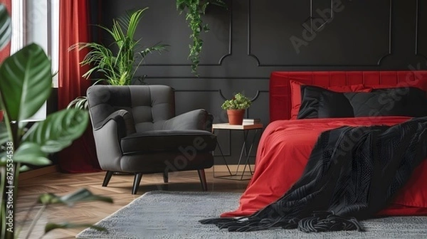 Obraz Armchair next to red bed with black blanket  and black wall 