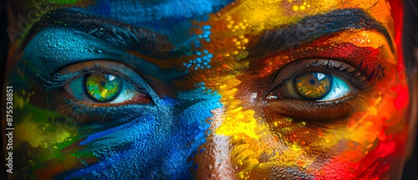 Fototapeta Artistic portrait of a woman with colorful paint on her face, blending fashion and creativity