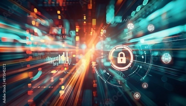 Obraz Data cyber security concept with abstract high speed technology privacy data protection motion blurred illustration. Generative AI