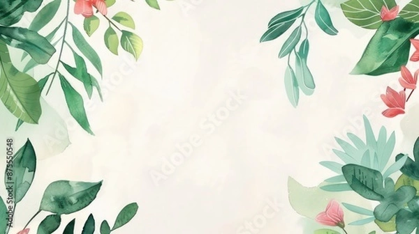 Fototapeta Watercolor leaves and flowers frame with a light beige background.